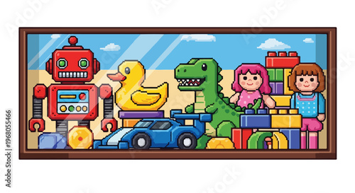 A vibrant pixel art illustration showcasing a variety of classic toys like a robot, rubber duck, and dinosaur in a wooden display frame.