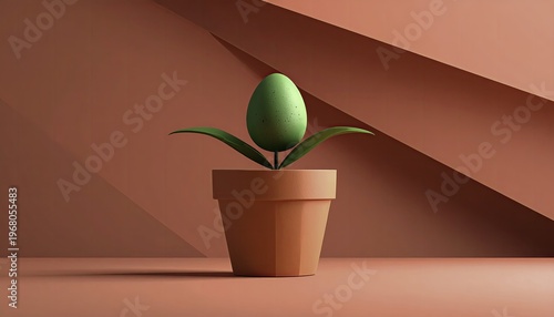 Conceptual Green Egg Plant in a Terracotta Pot, Studio Shot