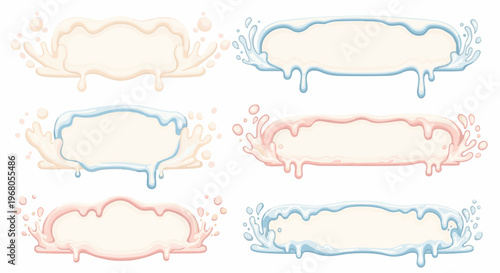 Six abstract liquid frames in creamy, pink, and blue hues, with splashes