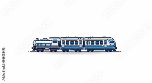 Simple blue and white passenger train with an old-fashioned engine
