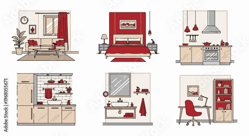 Six different rooms depicted in a simplified, hand-drawn style, predominantly in red and beige tones