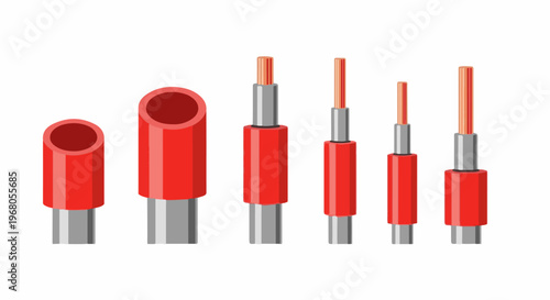 Six different sizes of red wire insulation with exposed copper wire ends