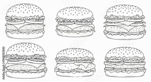 Six illustrated burgers, each with a bun, lettuce, cheese, patty, and toppings