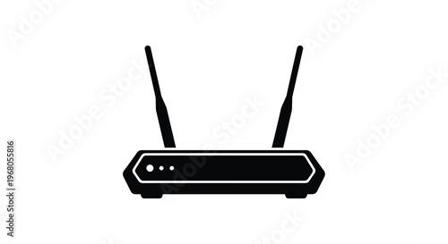 A simple black and white illustration depicts a wireless router with two antennas high quality professional