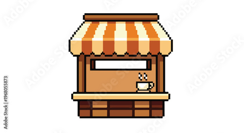 This pixel art vector illustration depicts a small coffee stall featuring a striped awning and a steaming cup of coffee on its counter.