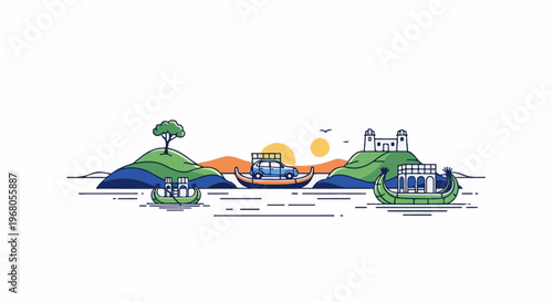 Scenic waterway with a car on a boat, islands, and buildings
