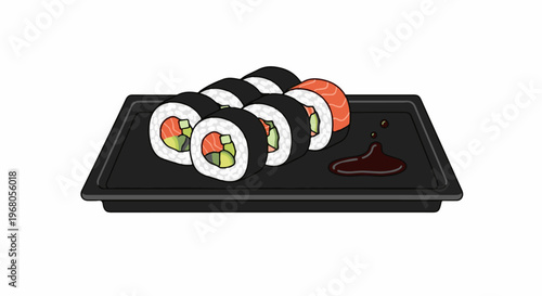 Six pieces of maki sushi with salmon, cucumber, and avocado on a black tray
