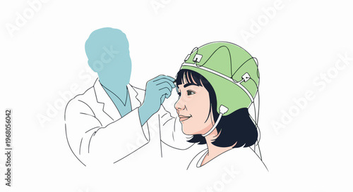 Scientist adjusts sensor on woman wearing a research helmet for brain activity study