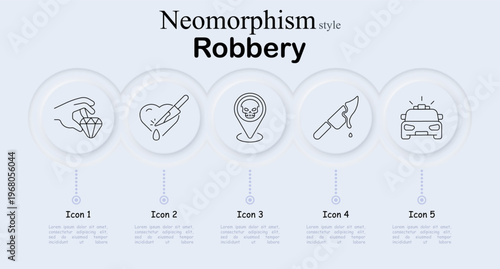 Robbery concept icon set in neumorphism style. Line icons showing diamond theft, heart stabbing crime, dangerous location marker with skull, bloody knife weapon, and police car siren.