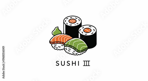 Simple, flat graphic of sushi rolls and nigiri with wasabi