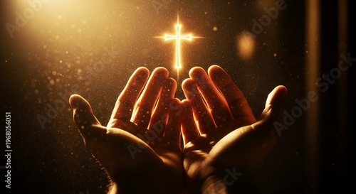 Hands cupped upward, holding glowing cross. Golden light radiates from cross above. Dust particles float in warm, ambient glow. Solemn posture suggests reverence or prayer