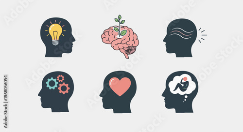 Six profiles depicting thoughts idea, growth, stress, mechanics, love, and worry