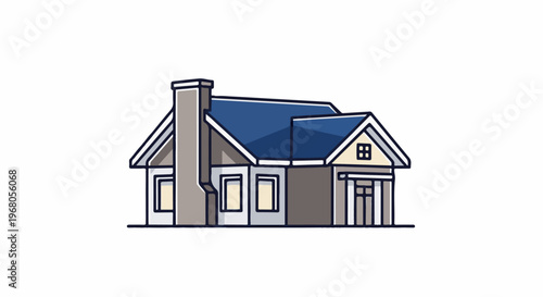 Simple dwelling with a prominent chimney and blue roof