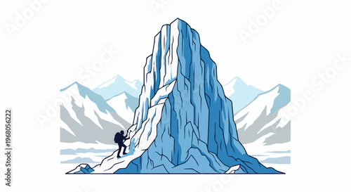Silhouette of a solitary climber ascending a steep, icy peak
