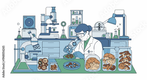 Scientist examining mushrooms in a laboratory with various equipment and jars of specimens
