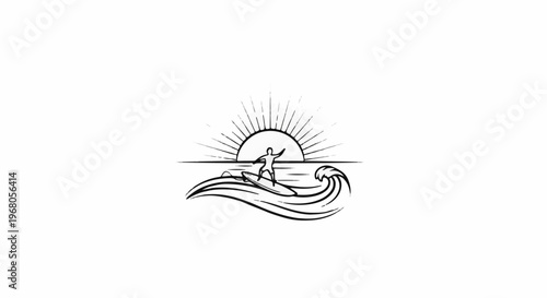 Silhouette of a surfer riding a wave beneath a rising sun