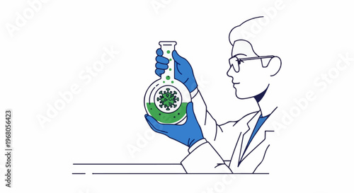 Scientist in lab coat and glasses examining coronavirus in flask