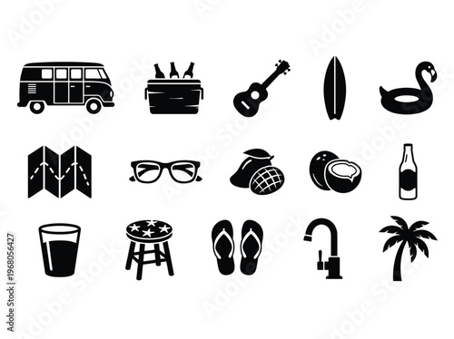 Flat design vector illustration of summer travel, vacation, and tropical getaway icons for web and print.