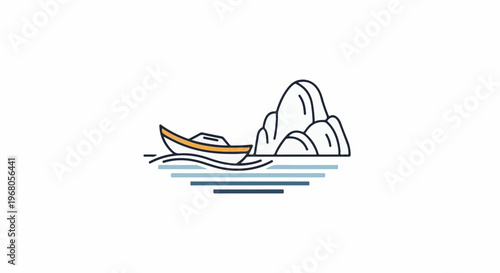 Simple illustration of a boat near a rocky outcrop on calm water