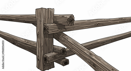 Rustic wooden fence with rough-hewn logs and notched joints, isolated on white