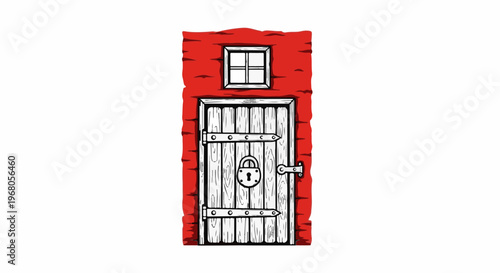 Red brick wall with a wooden door locked with a padlock