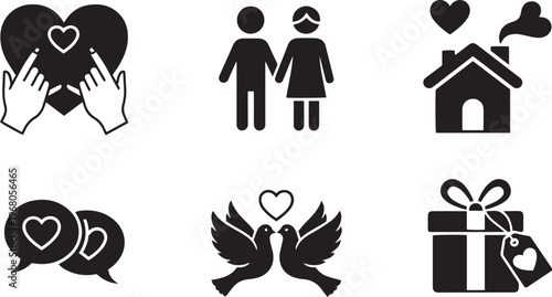 Black and white heart themed including hands holding heart couple man and woman house with heart smoke gift box with heart tag and two doves