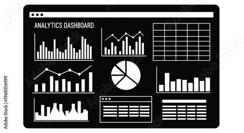 Black analytics dashboard illustration with charts graphs and data visualization elements