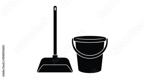 A black and white silhouette depicts a broom and a bucket both cleaning tools high quality