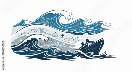 Ship battling choppy financial waves, charts, and arrows