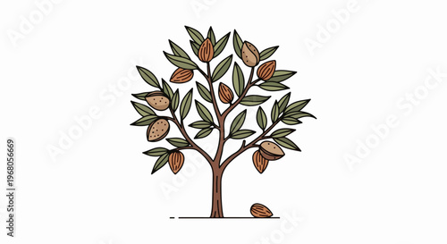 Simple illustration of a tree bearing almond nuts and leaves