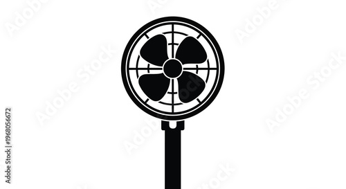 A simple black and white illustration of a round electric fan on a stand high quality