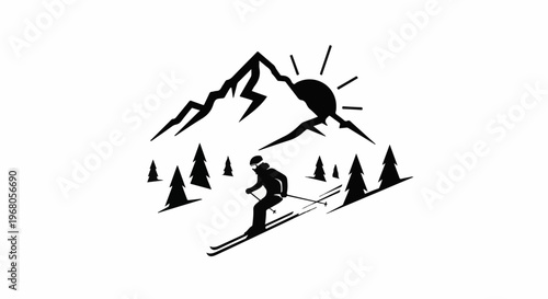 Silhouette of skier descending mountain amidst pine trees under a shining sun