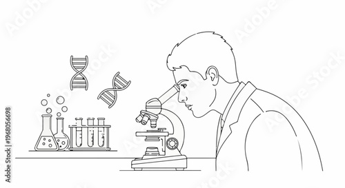 Scientist studies DNA structure and chemical reactions with a microscope and lab equipment