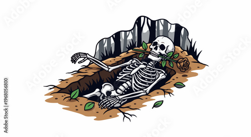 Skeleton in grave holding a wilting rose with leaves