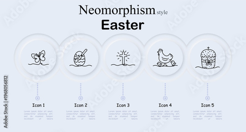Easter celebration set icon. Spring butterfly, painted egg decoration, christian cross symbol, hen chicken chicks, festive cake bread, holiday tradition, resurrection celebration