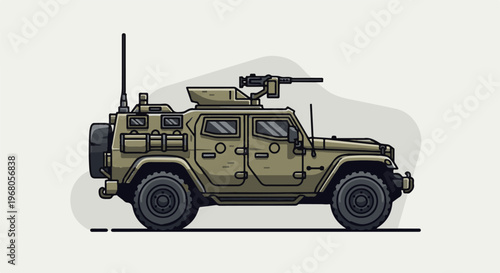 Side profile of a tan armored military vehicle with a mounted machine gun