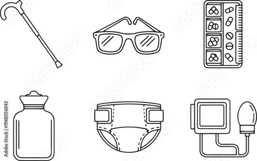 Black and white line of medical equipment and supplies cane glasses