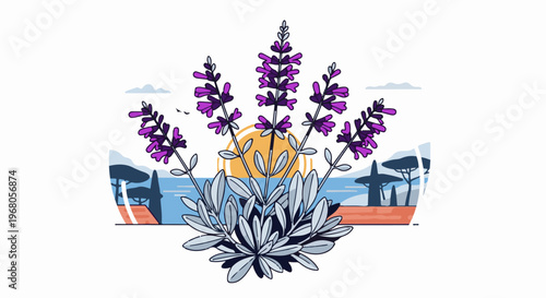 Purple flowering plant with a sunset over a coastal landscape