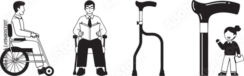 Black and white of people with disabilities and mobility aids wheelchair crutches cane accessibility