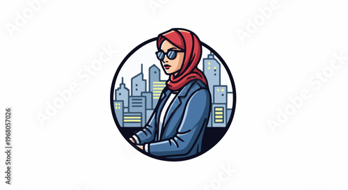 Professional woman in hijab and sunglasses, set against a city skyline in a circular frame