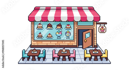 A charming pixel art illustration of a small bakery with a red and white striped awning, featuring outdoor seating and a window display of treats.