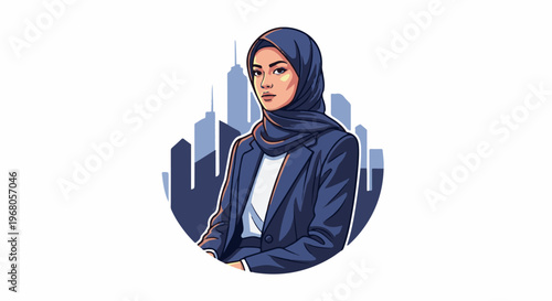 Professional Muslim woman in a suit and hijab with city skyline background