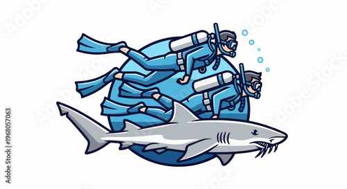 Scuba divers swim near a shark, with bubbles rising in blue water