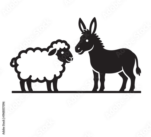 Monochromatic vector illustration presenting a friendly sheep and a sturdy donkey, a harmonious farm animal duo in a clean, minimalist graphic style