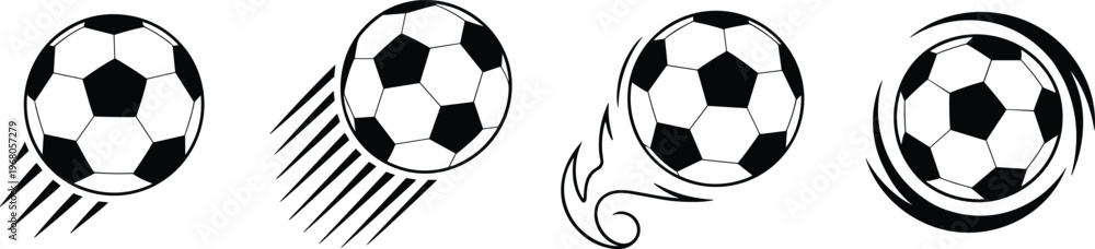 Fototapeta premium Four Black and White Soccer Ball Icons with Stylized Motion on White Background football