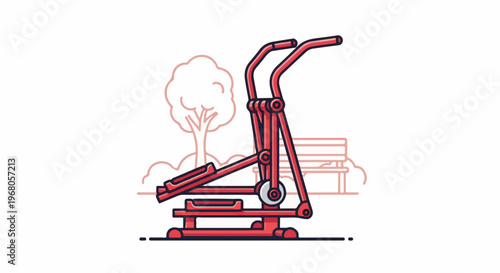 Red exercise machine in park with bench and tree outline