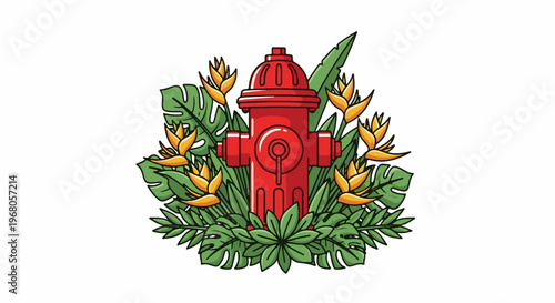 Red fire hydrant surrounded by tropical leaves and yellow flowers