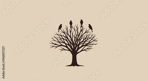 Silhouette of a bare tree with five birds perched on its branches