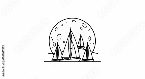 Sailboats navigate beneath a large, cratered moon
