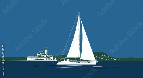 Sailboat with white sails moves on blue water near a town with church